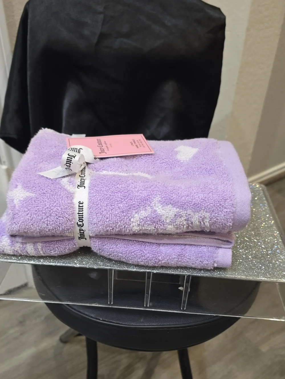 Juicy Couture Home Logo Bows, Crown, & Hearts Set Of 2 Hand Towels- Lavender